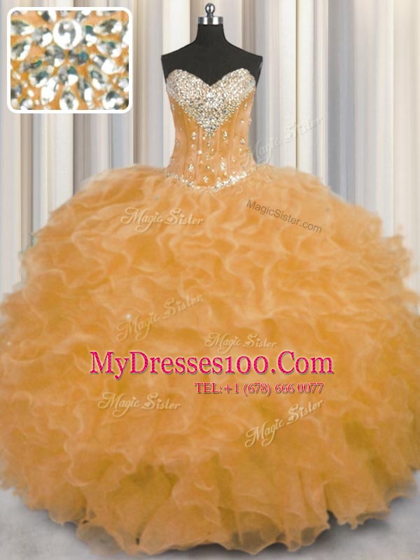 Customized Orange Sleeveless Beading and Ruffles Floor Length Quinceanera Gown