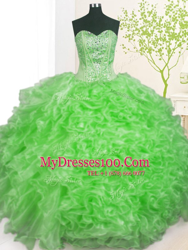 Cheap Sweetheart Sleeveless Organza Ball Gown Prom Dress Beading and Ruffles and Pick Ups Lace Up