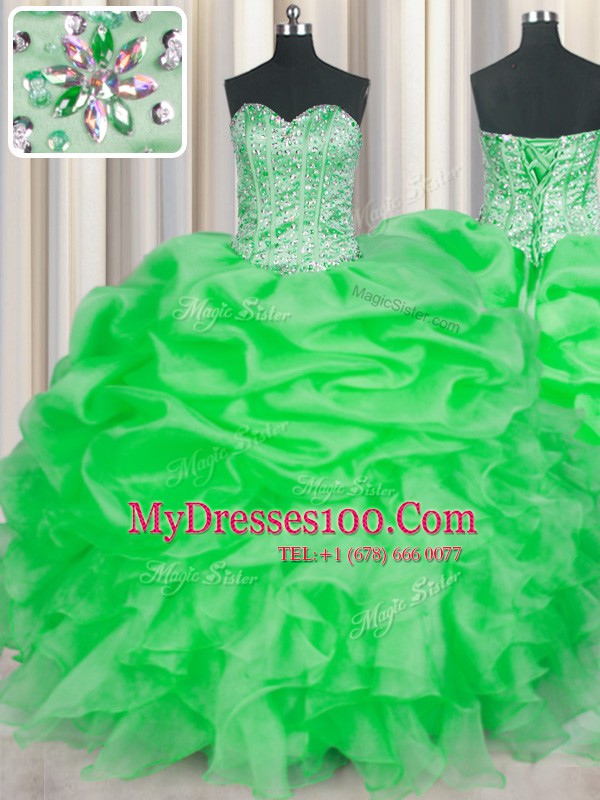 Dynamic Green Sleeveless Beading and Ruffles Floor Length Ball Gown Prom Dress