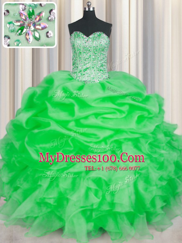 Dynamic Green Sleeveless Beading and Ruffles Floor Length Ball Gown Prom Dress