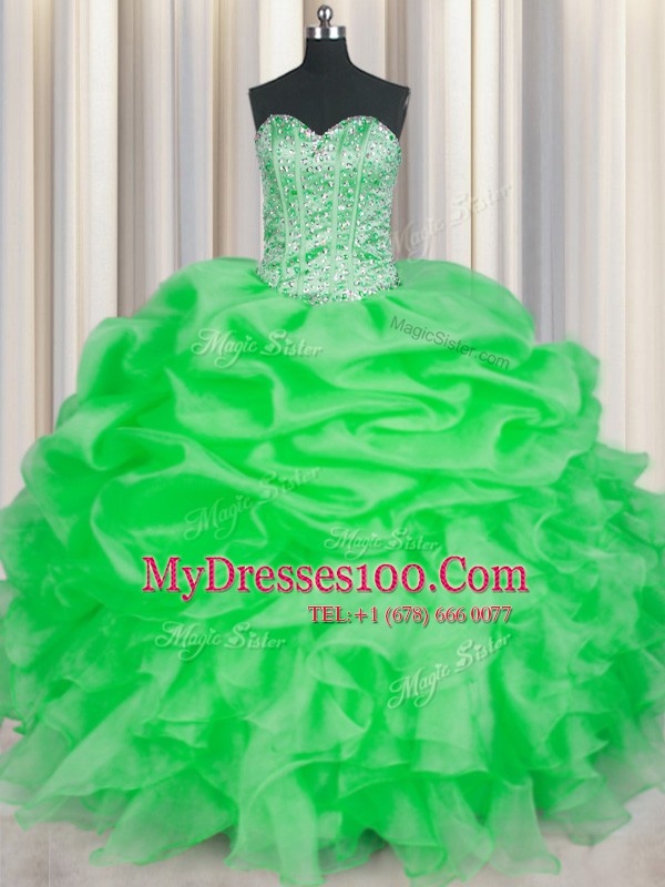 Dynamic Green Sleeveless Beading and Ruffles Floor Length Ball Gown Prom Dress