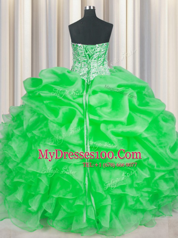 Dynamic Green Sleeveless Beading and Ruffles Floor Length Ball Gown Prom Dress