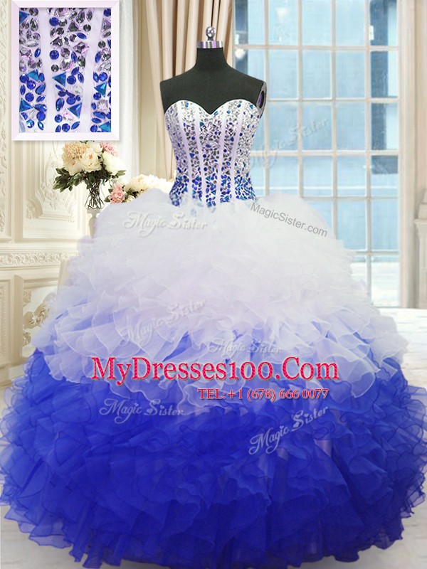 Designer Blue And White Sweetheart Lace Up Beading and Ruffles Quinceanera Gowns Sleeveless