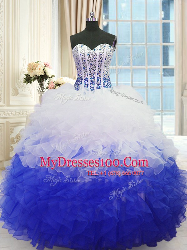 Designer Blue And White Sweetheart Lace Up Beading and Ruffles Quinceanera Gowns Sleeveless