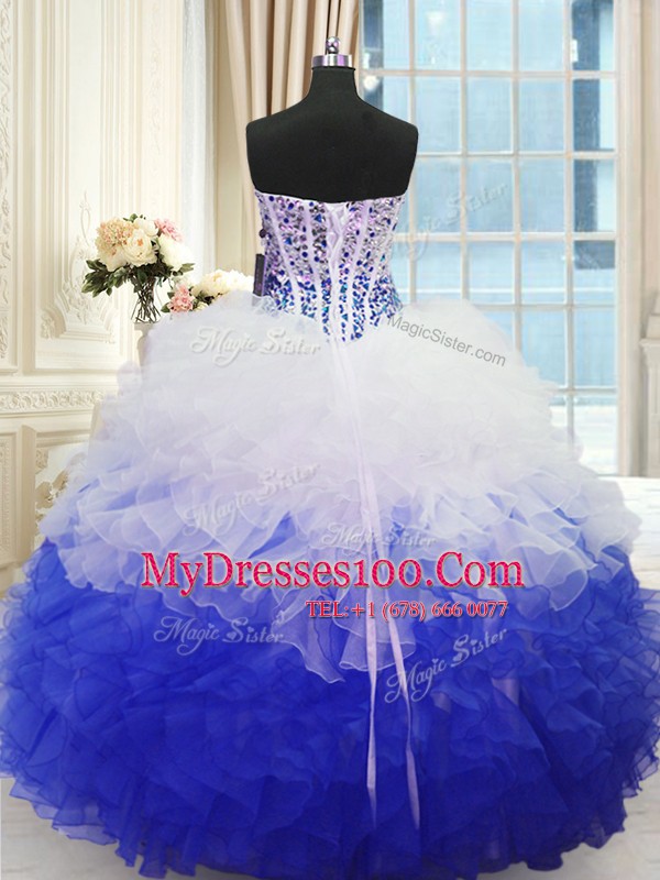 Designer Blue And White Sweetheart Lace Up Beading and Ruffles Quinceanera Gowns Sleeveless