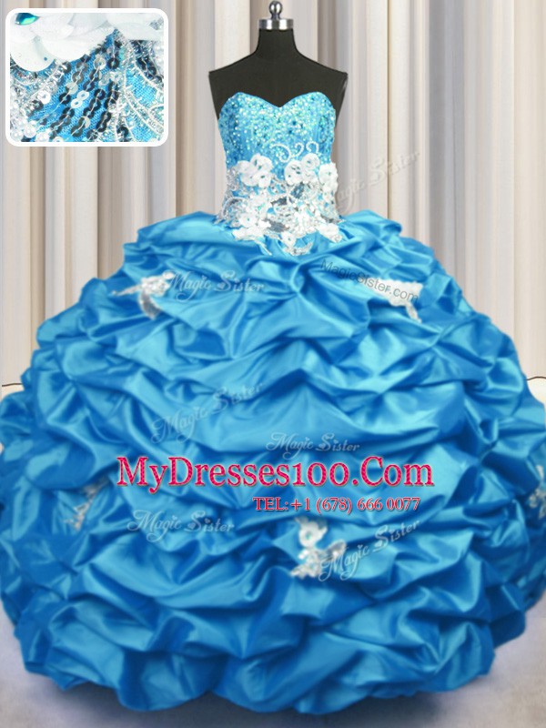 Sweetheart Sleeveless Taffeta Sweet 16 Dress Appliques and Sequins and Pick Ups Brush Train Lace Up
