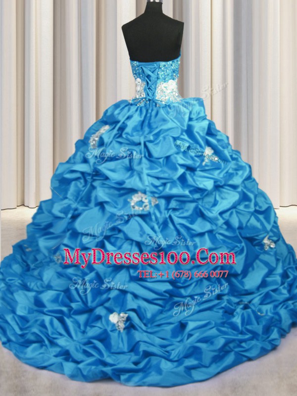 Sweetheart Sleeveless Taffeta Sweet 16 Dress Appliques and Sequins and Pick Ups Brush Train Lace Up