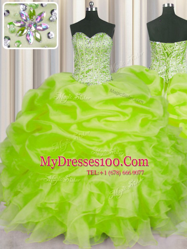 Organza Sweetheart Sleeveless Lace Up Beading and Ruffles and Pick Ups Quince Ball Gowns in Yellow Green