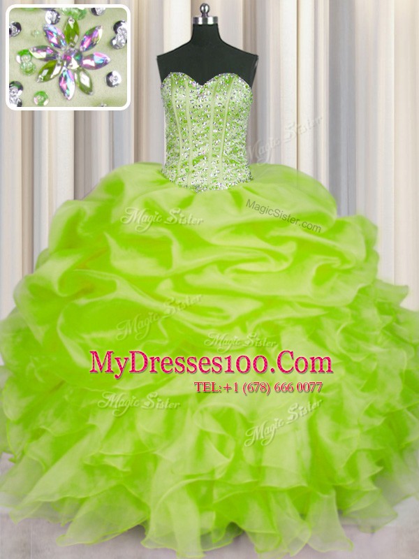Organza Sweetheart Sleeveless Lace Up Beading and Ruffles and Pick Ups Quince Ball Gowns in Yellow Green