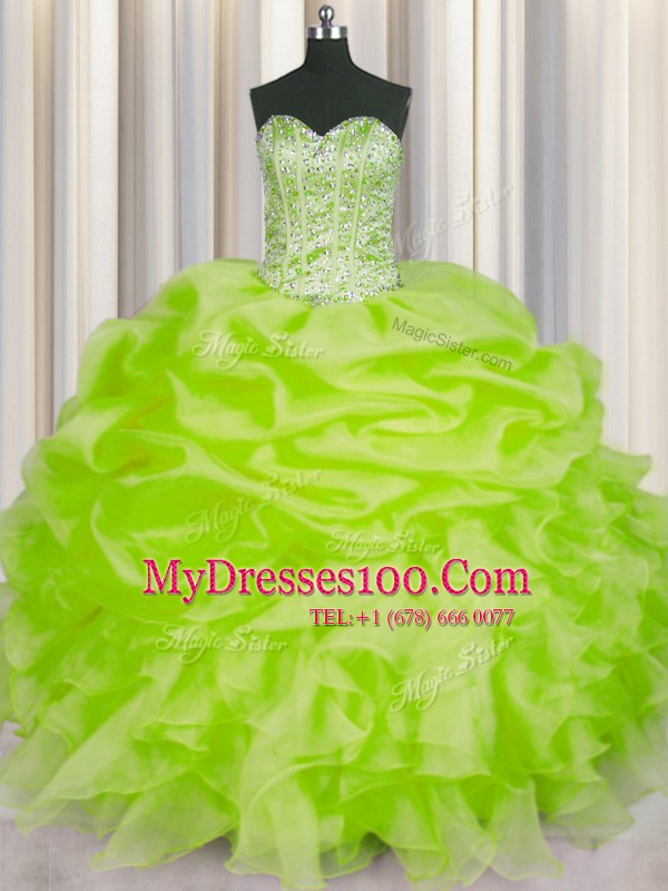 Organza Sweetheart Sleeveless Lace Up Beading and Ruffles and Pick Ups Quince Ball Gowns in Yellow Green