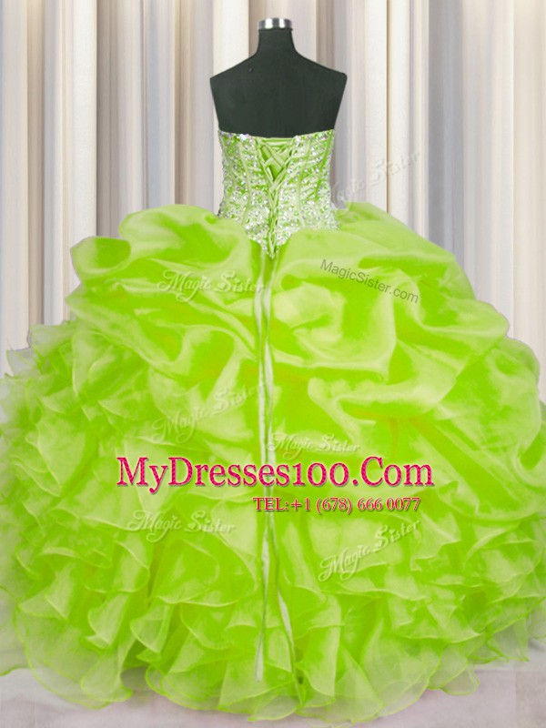 Organza Sweetheart Sleeveless Lace Up Beading and Ruffles and Pick Ups Quince Ball Gowns in Yellow Green