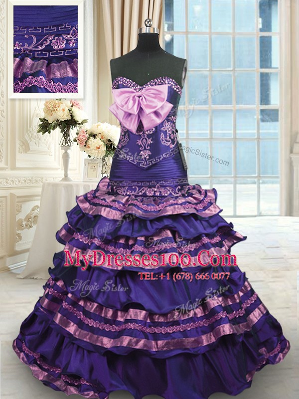 Fantastic Dark Purple Lace Up Sweetheart Appliques and Ruffled Layers and Bowknot Sweet 16 Dress Taffeta Sleeveless Sweep Train