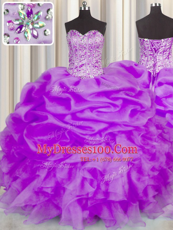 Fashion Purple Sweetheart Lace Up Beading and Ruffles and Pick Ups Quinceanera Dresses Sleeveless
