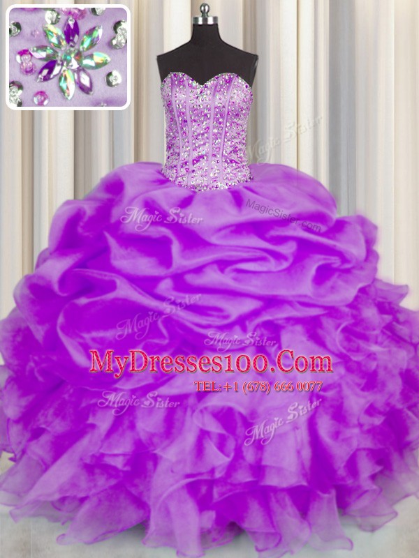 Fashion Purple Sweetheart Lace Up Beading and Ruffles and Pick Ups Quinceanera Dresses Sleeveless