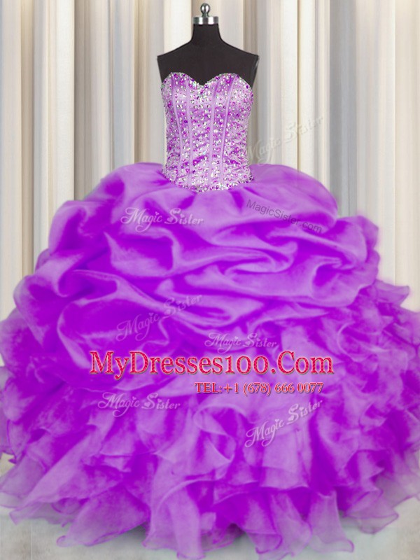 Fashion Purple Sweetheart Lace Up Beading and Ruffles and Pick Ups Quinceanera Dresses Sleeveless
