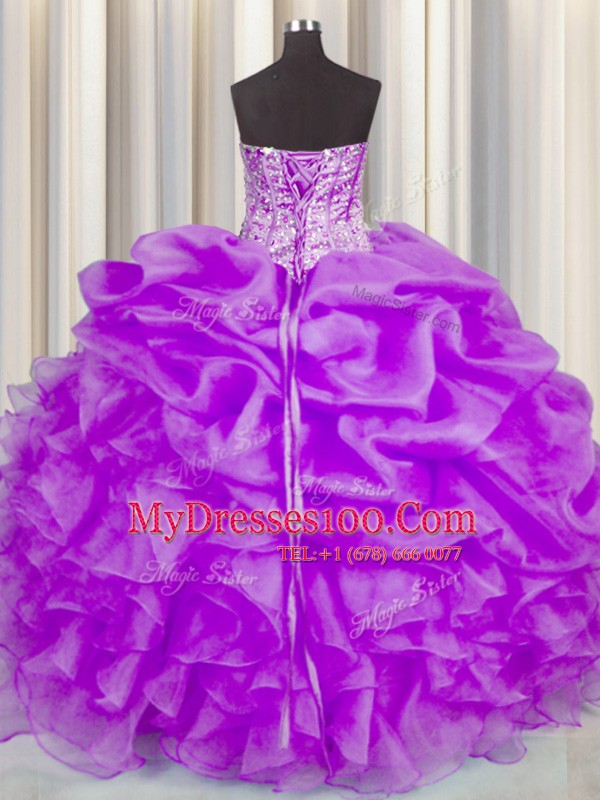 Fashion Purple Sweetheart Lace Up Beading and Ruffles and Pick Ups Quinceanera Dresses Sleeveless