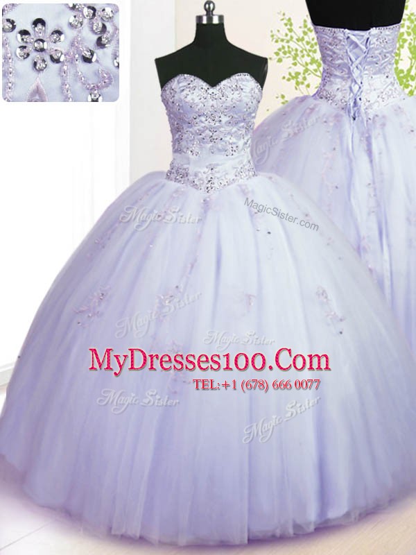 Pretty Sweetheart Sleeveless Quinceanera Dress Floor Length Beading and Appliques Lavender Tulle