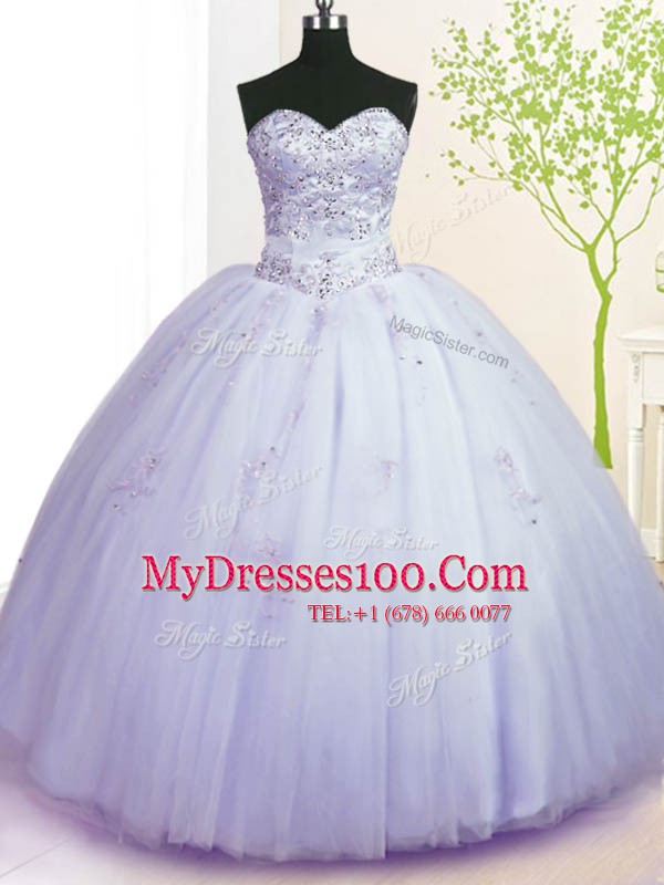 Pretty Sweetheart Sleeveless Quinceanera Dress Floor Length Beading and Appliques Lavender Tulle