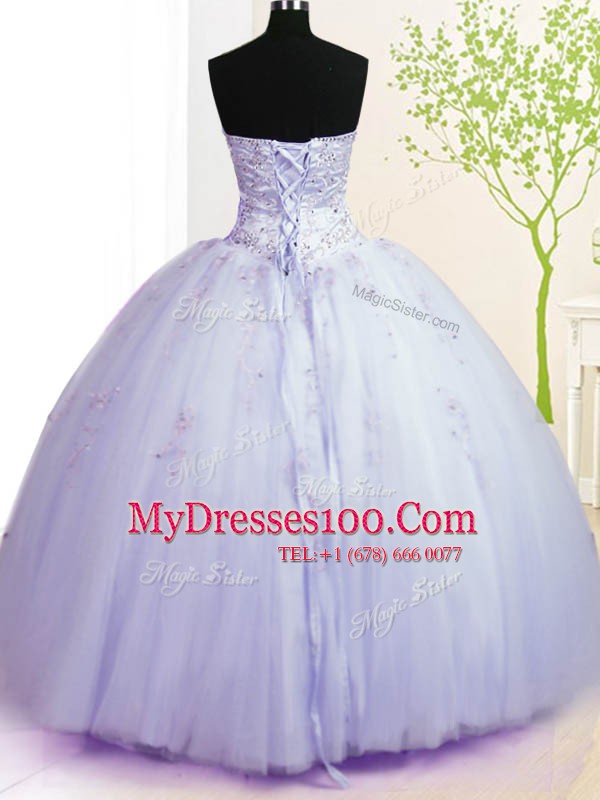 Pretty Sweetheart Sleeveless Quinceanera Dress Floor Length Beading and Appliques Lavender Tulle