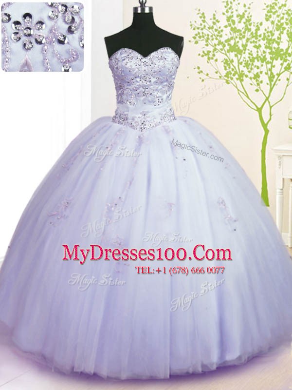 Pretty Sweetheart Sleeveless Quinceanera Dress Floor Length Beading and Appliques Lavender Tulle