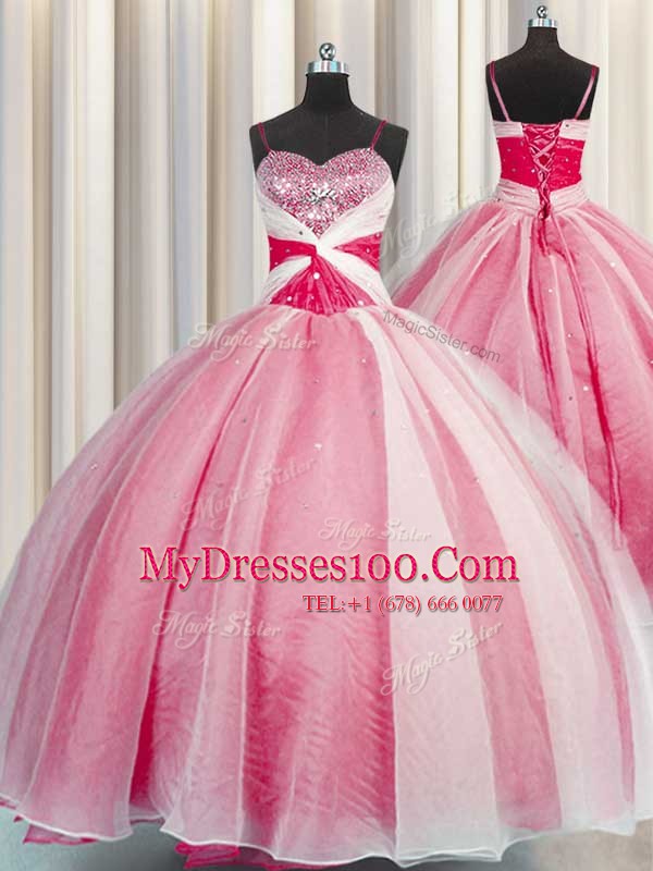 Pretty Organza Sleeveless Floor Length Ball Gown Prom Dress and Beading and Sequins and Ruching
