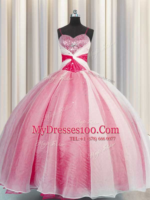 Pretty Organza Sleeveless Floor Length Ball Gown Prom Dress and Beading and Sequins and Ruching