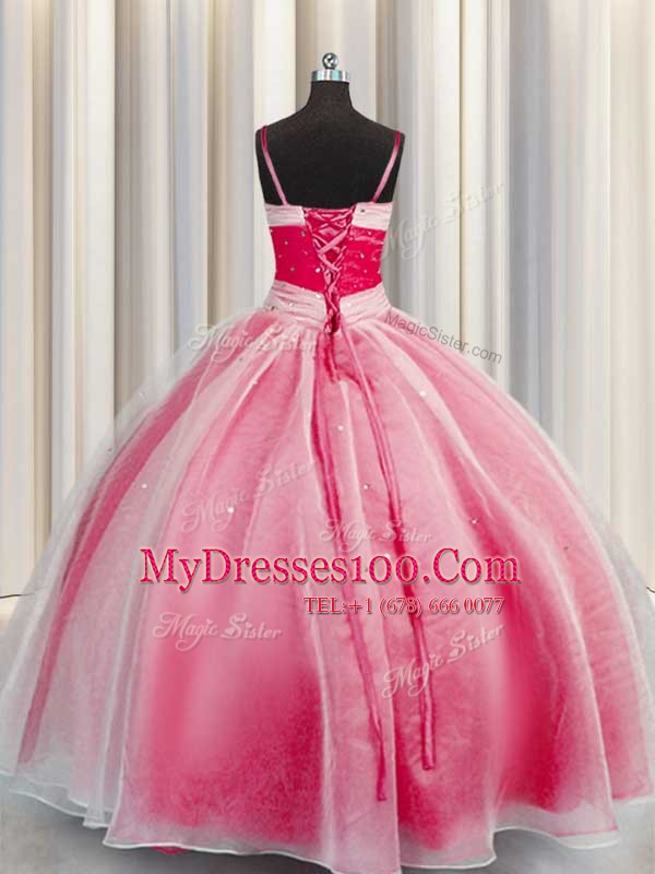 Pretty Organza Sleeveless Floor Length Ball Gown Prom Dress and Beading and Sequins and Ruching