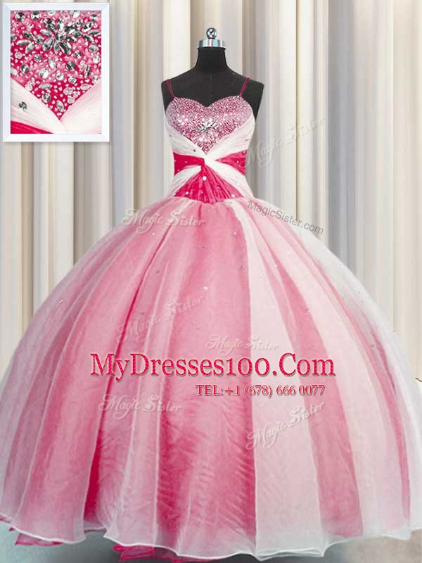 Pretty Organza Sleeveless Floor Length Ball Gown Prom Dress and Beading and Sequins and Ruching