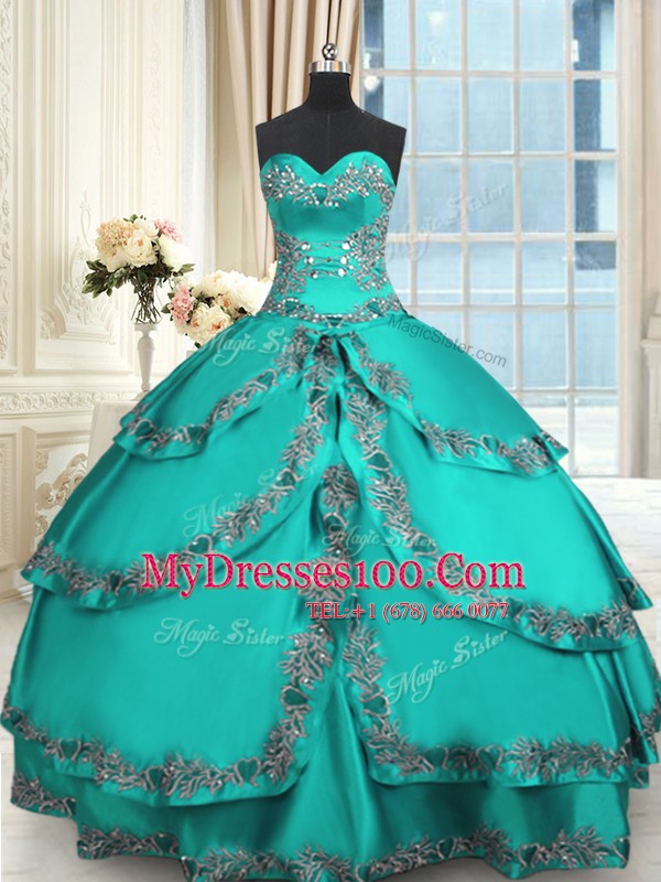 Deluxe Turquoise Sweetheart Neckline Beading and Embroidery and Ruffled Layers Quince Ball Gowns Sleeveless Lace Up