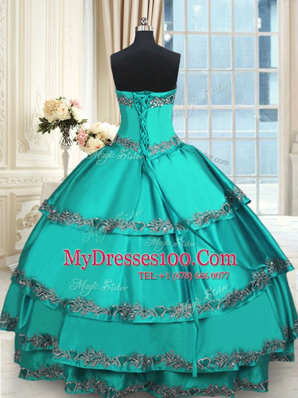 Deluxe Turquoise Sweetheart Neckline Beading and Embroidery and Ruffled Layers Quince Ball Gowns Sleeveless Lace Up