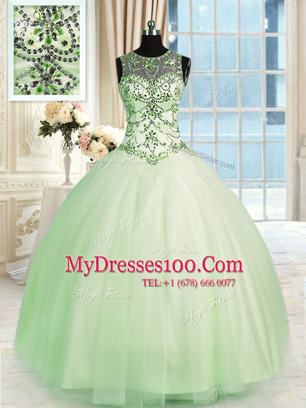 Hot Selling Apple Green Ball Gowns Scoop Sleeveless Tulle Floor Length Lace Up Beading Sweet 16 Dress