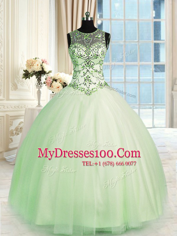 Hot Selling Apple Green Ball Gowns Scoop Sleeveless Tulle Floor Length Lace Up Beading Sweet 16 Dress
