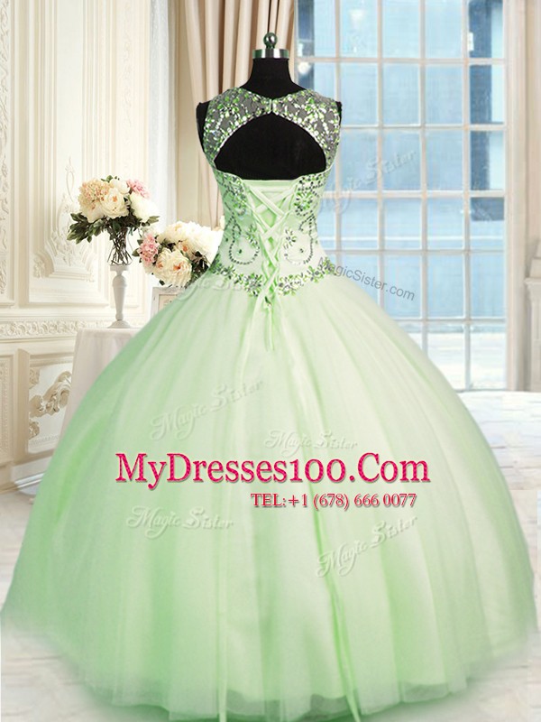 Hot Selling Apple Green Ball Gowns Scoop Sleeveless Tulle Floor Length Lace Up Beading Sweet 16 Dress