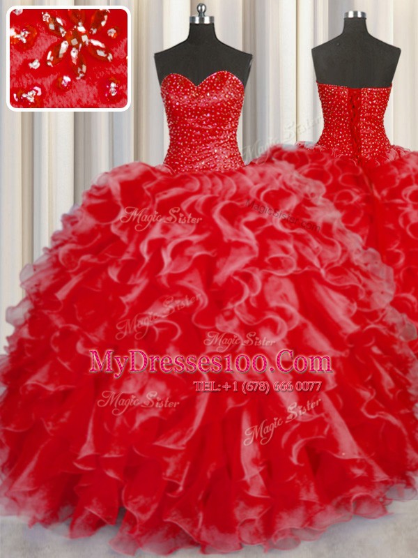 Elegant Ball Gowns Sweet 16 Quinceanera Dress Coral Red Halter Top Organza Sleeveless Floor Length Lace Up
