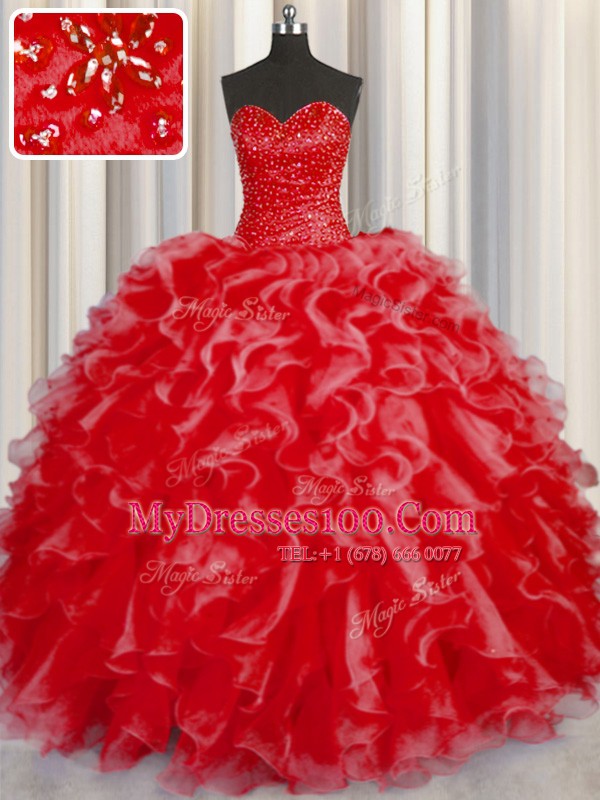 Elegant Ball Gowns Sweet 16 Quinceanera Dress Coral Red Halter Top Organza Sleeveless Floor Length Lace Up
