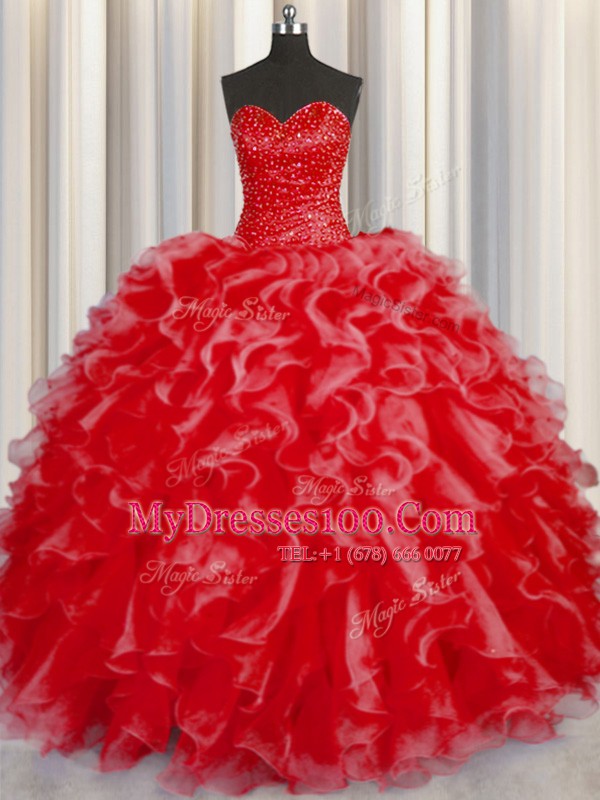 Elegant Ball Gowns Sweet 16 Quinceanera Dress Coral Red Halter Top Organza Sleeveless Floor Length Lace Up