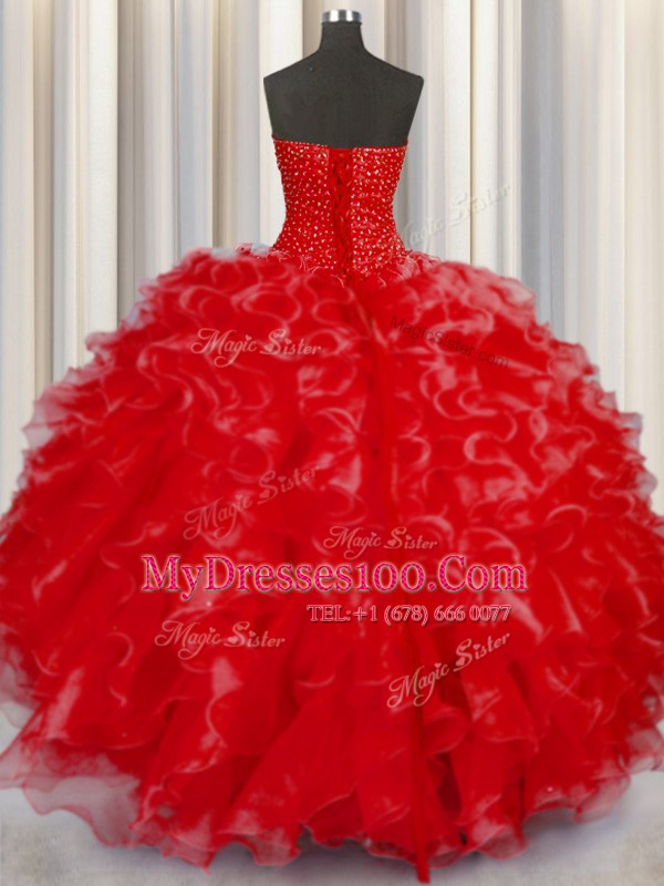 Elegant Ball Gowns Sweet 16 Quinceanera Dress Coral Red Halter Top Organza Sleeveless Floor Length Lace Up