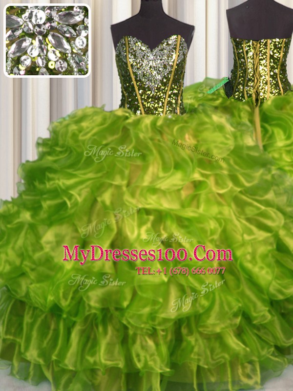 Decent Olive Green Ball Gowns Organza Sweetheart Sleeveless Beading and Ruffles Floor Length Lace Up 15 Quinceanera Dress