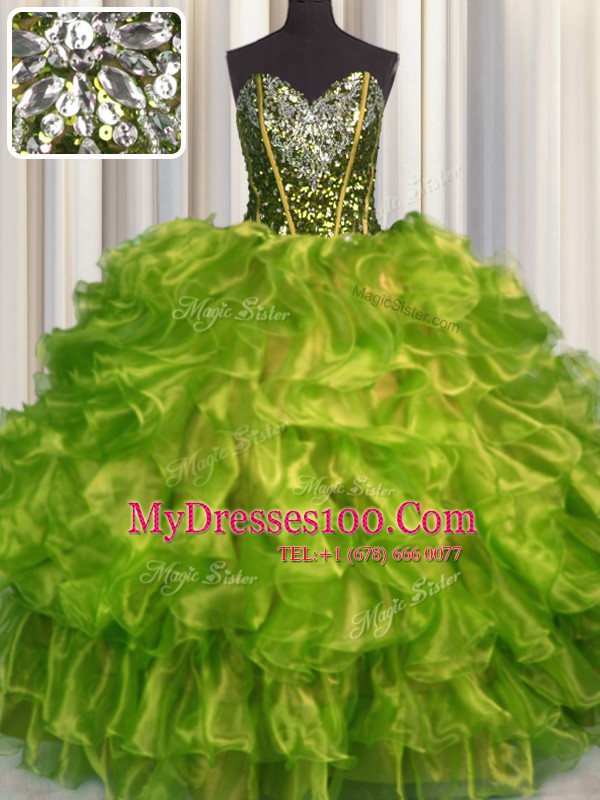 Decent Olive Green Ball Gowns Organza Sweetheart Sleeveless Beading and Ruffles Floor Length Lace Up 15 Quinceanera Dress