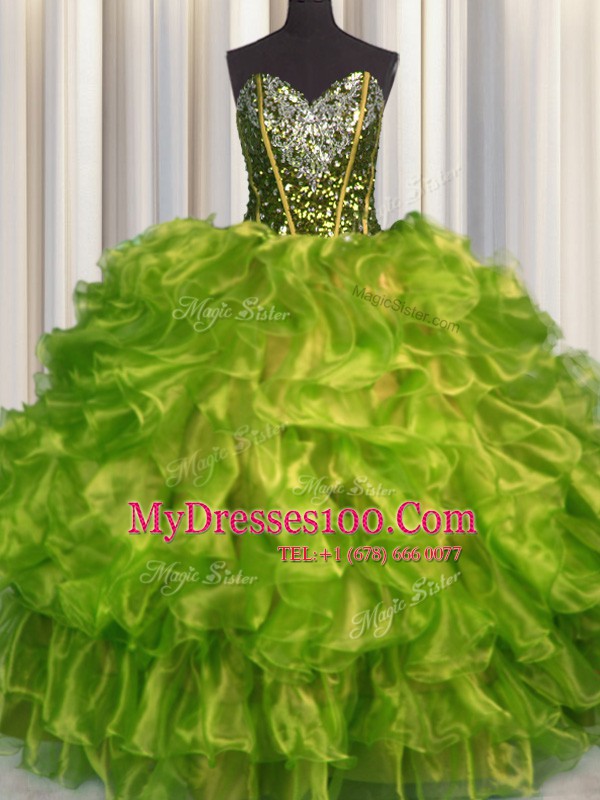 Decent Olive Green Ball Gowns Organza Sweetheart Sleeveless Beading and Ruffles Floor Length Lace Up 15 Quinceanera Dress