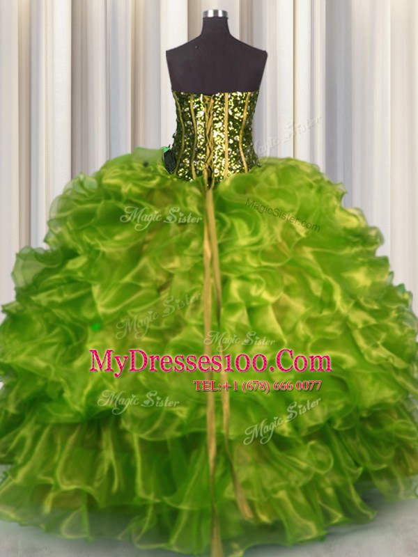 Decent Olive Green Ball Gowns Organza Sweetheart Sleeveless Beading and Ruffles Floor Length Lace Up 15 Quinceanera Dress