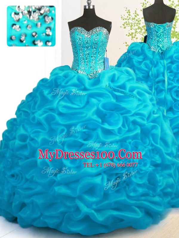 Wonderful With Train Lace Up 15th Birthday Dress Aqua Blue for Military Ball and Sweet 16 and Quinceanera with Beading and Ruffles Brush Train