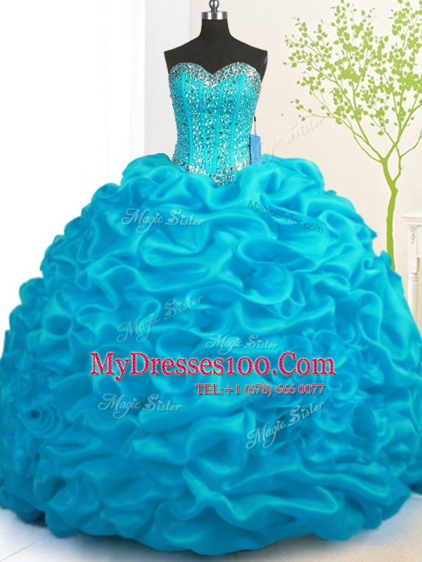 Wonderful With Train Lace Up 15th Birthday Dress Aqua Blue for Military Ball and Sweet 16 and Quinceanera with Beading and Ruffles Brush Train