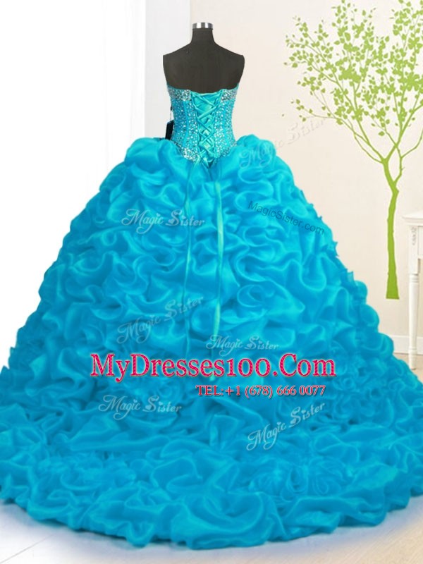 Wonderful With Train Lace Up 15th Birthday Dress Aqua Blue for Military Ball and Sweet 16 and Quinceanera with Beading and Ruffles Brush Train
