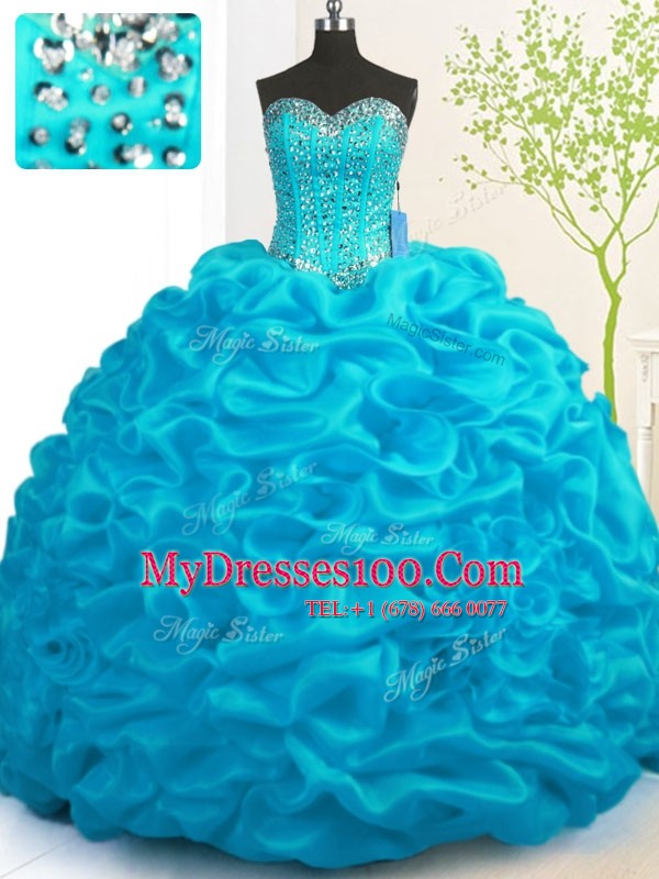 Wonderful With Train Lace Up 15th Birthday Dress Aqua Blue for Military Ball and Sweet 16 and Quinceanera with Beading and Ruffles Brush Train