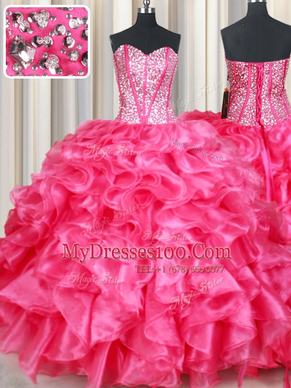 Perfect Coral Red Organza Lace Up Sweetheart Sleeveless Floor Length Quinceanera Gowns Beading and Ruffles
