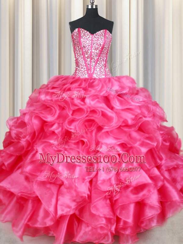 Perfect Coral Red Organza Lace Up Sweetheart Sleeveless Floor Length Quinceanera Gowns Beading and Ruffles