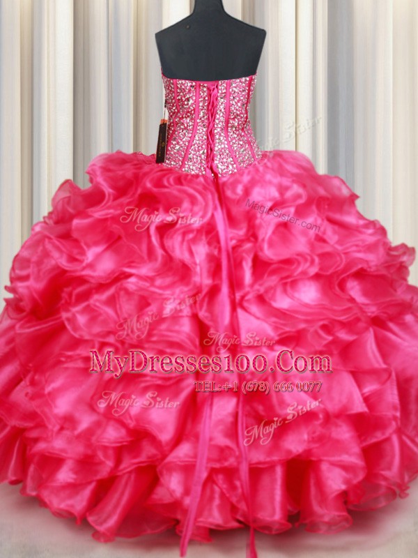Perfect Coral Red Organza Lace Up Sweetheart Sleeveless Floor Length Quinceanera Gowns Beading and Ruffles