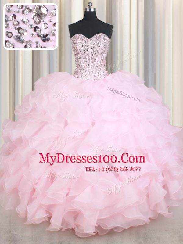 Modest Baby Pink Sleeveless Floor Length Beading and Ruffles Lace Up Quinceanera Gowns