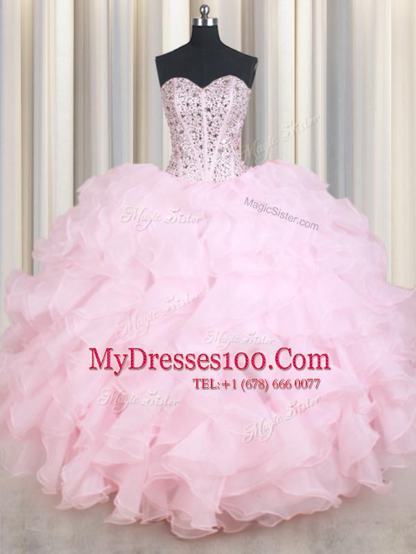Modest Baby Pink Sleeveless Floor Length Beading and Ruffles Lace Up Quinceanera Gowns